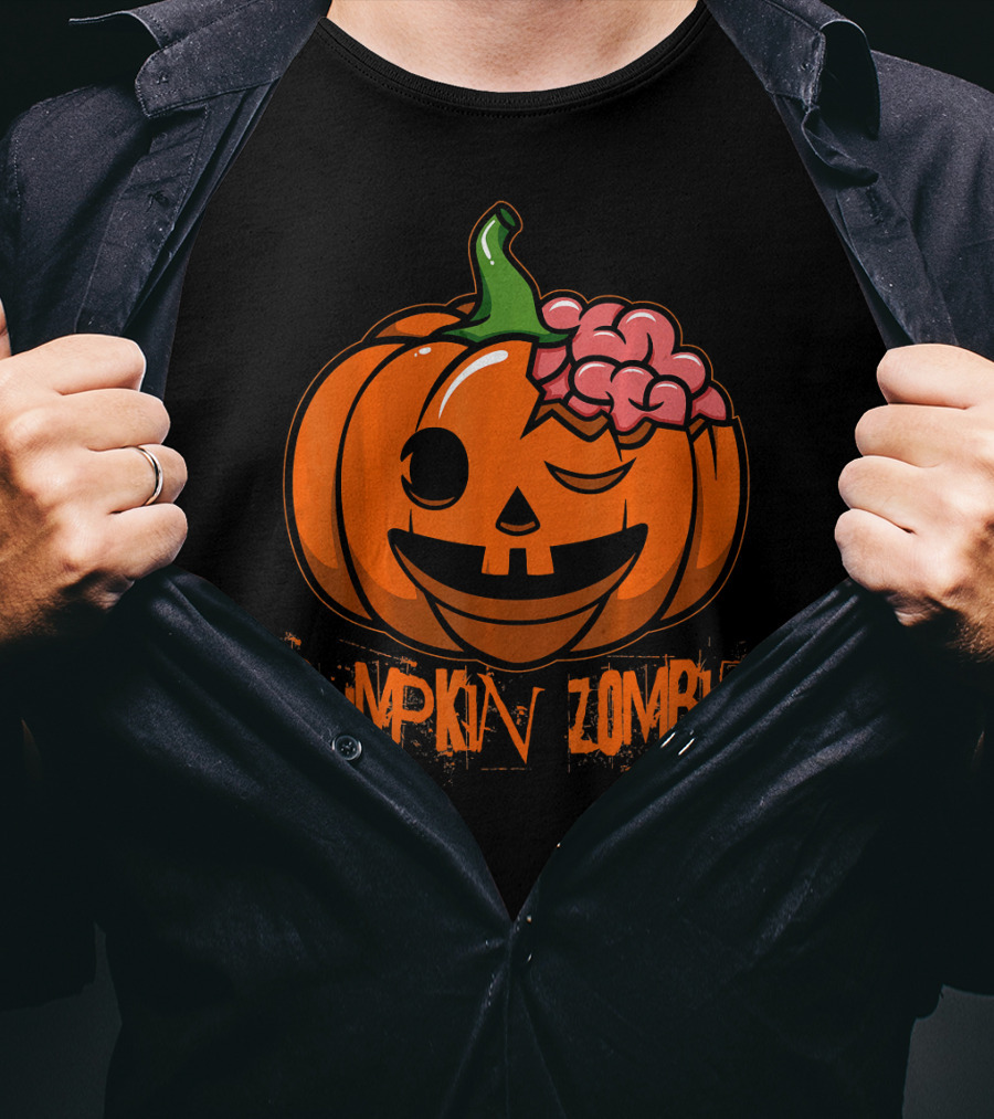 Pumpkin Zombie Halloween Horror Winking Jack O'Lantern With Brain T-Shirt
