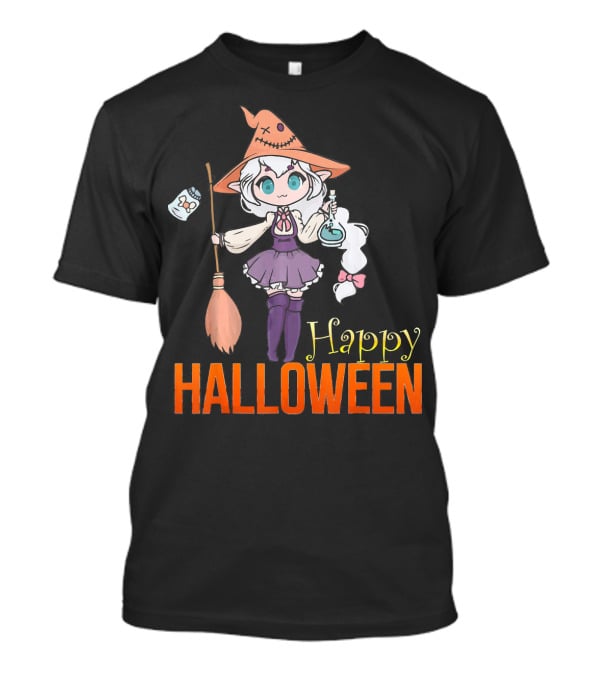 Happy Halloween Witch Anime Girl Cute Magic Potions And Broom T-Shirt