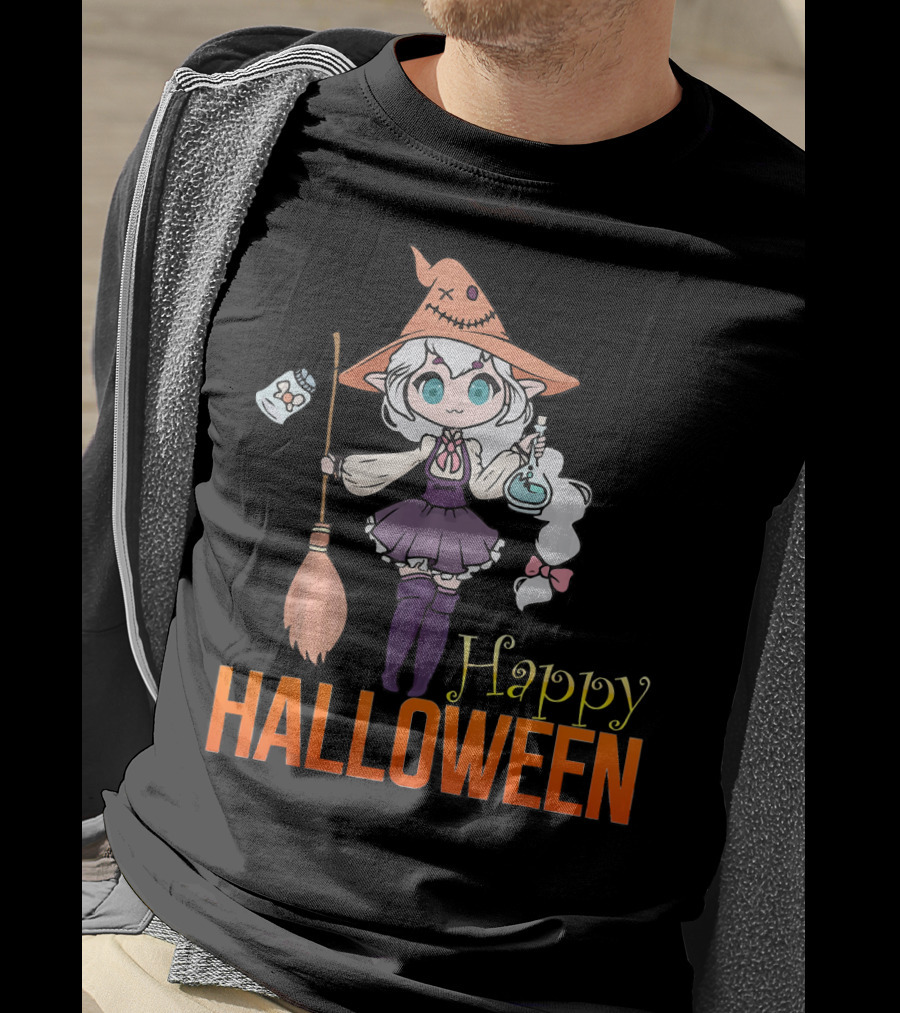Happy Halloween Witch Anime Girl Cute Magic Potions And Broom T-Shirt