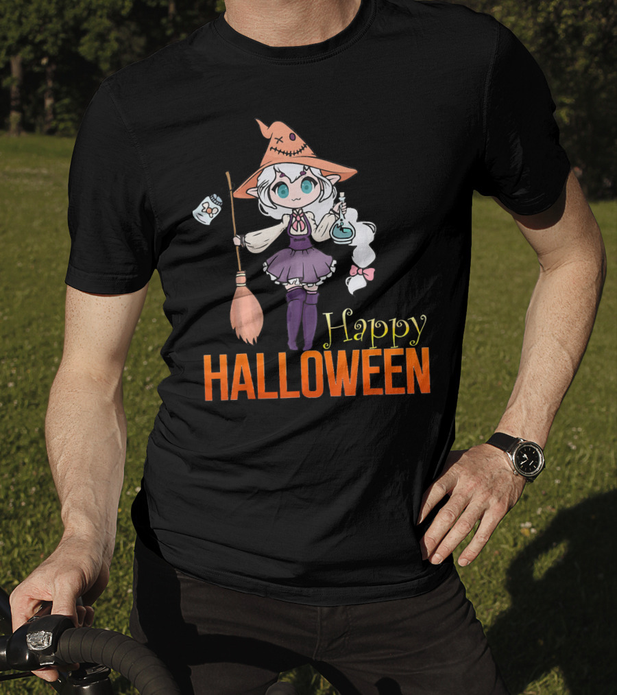 Happy Halloween Witch Anime Girl Cute Magic Potions And Broom T-Shirt