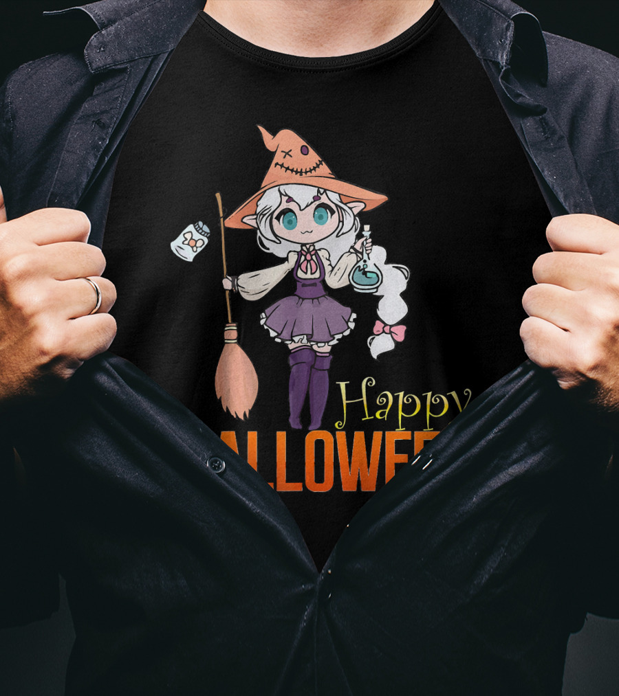 Happy Halloween Witch Anime Girl Cute Magic Potions And Broom T-Shirt