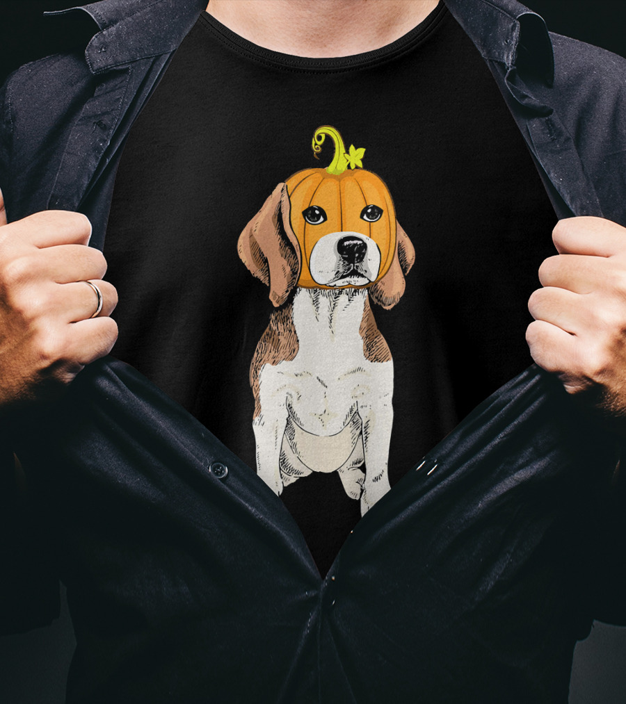 Beagle Wearing Pumpkin Face Funny Halloween Costume T-Shirt