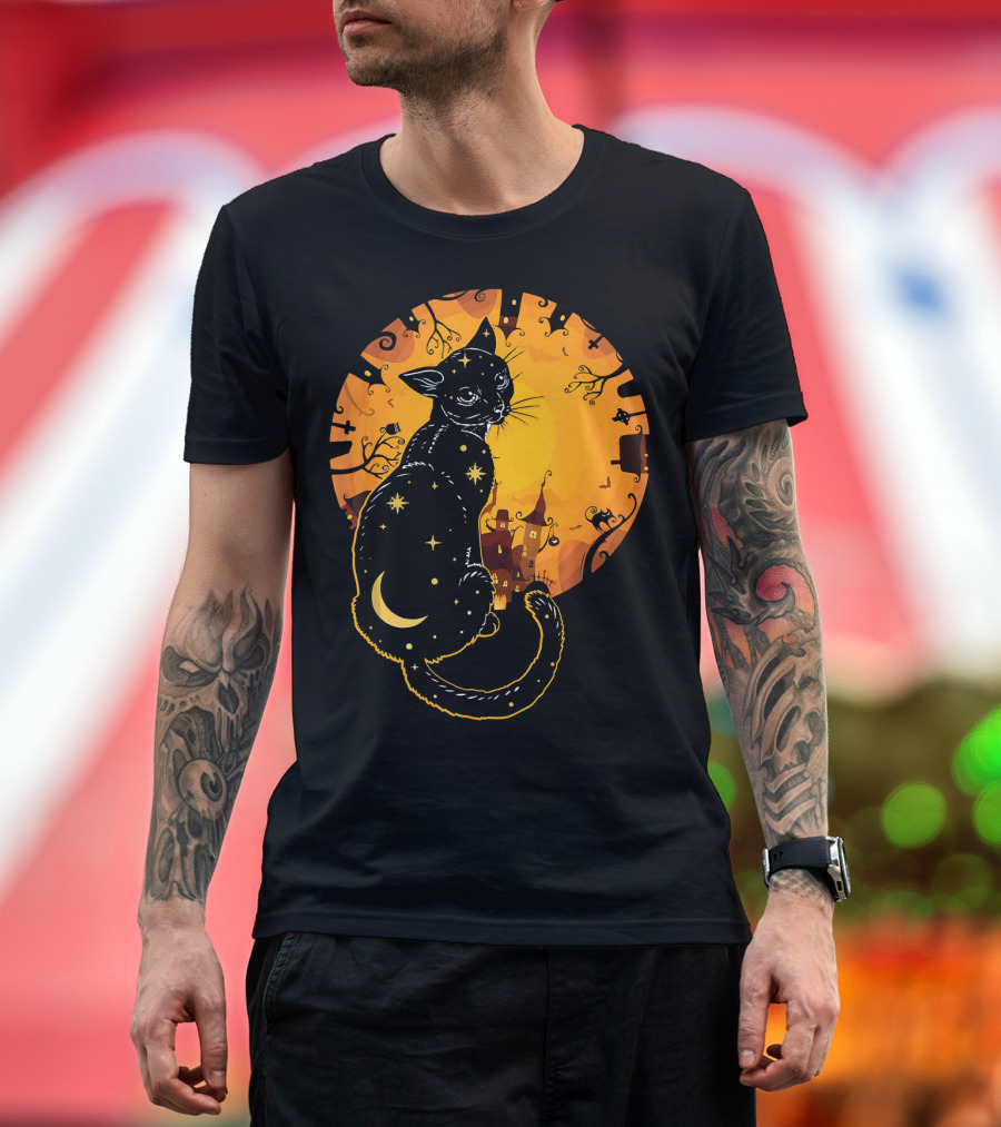 Halloween Black Cat With Stars And Moon In Haunted Landscape T-Shirt