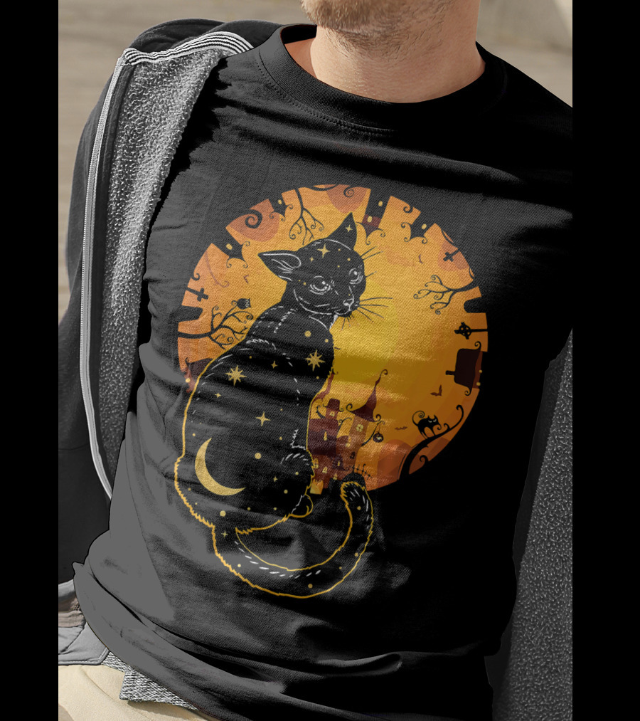 Halloween Black Cat With Stars And Moon In Haunted Landscape T-Shirt