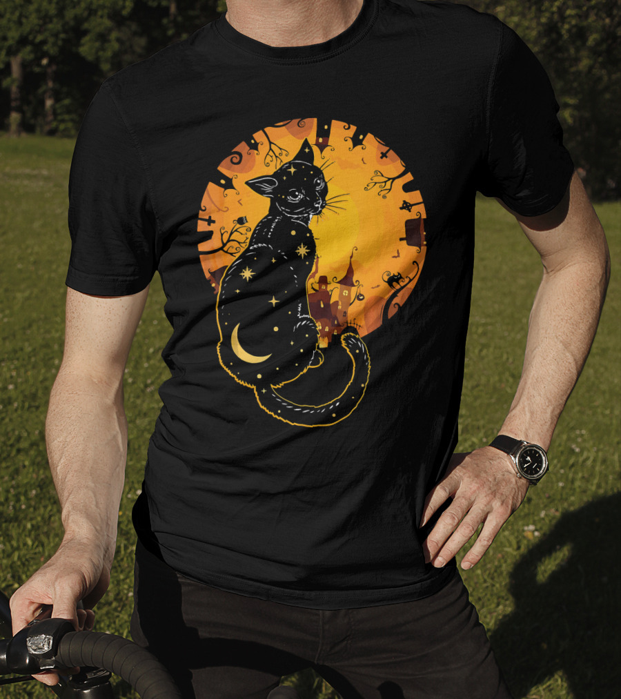 Halloween Black Cat With Stars And Moon In Haunted Landscape T-Shirt