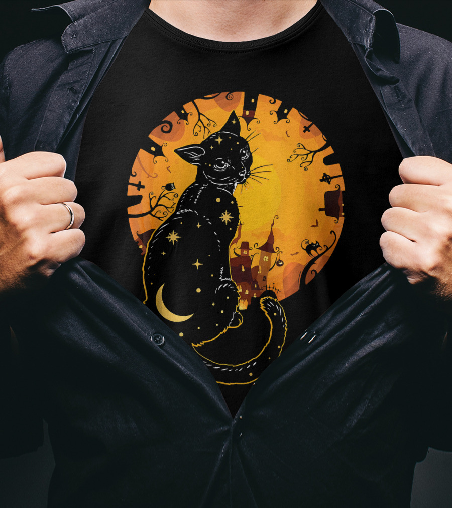 Halloween Black Cat With Stars And Moon In Haunted Landscape T-Shirt
