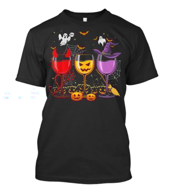 Three Glasses Of Wine Halloween Ghosts Pumpkins Bats Witches Devil T-Shirt