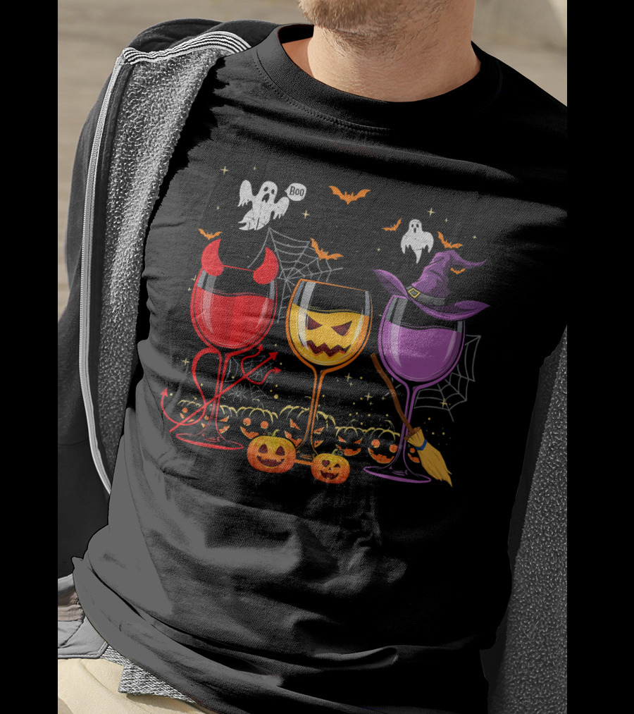 Three Glasses Of Wine Halloween Ghosts Pumpkins Bats Witches Devil T-Shirt