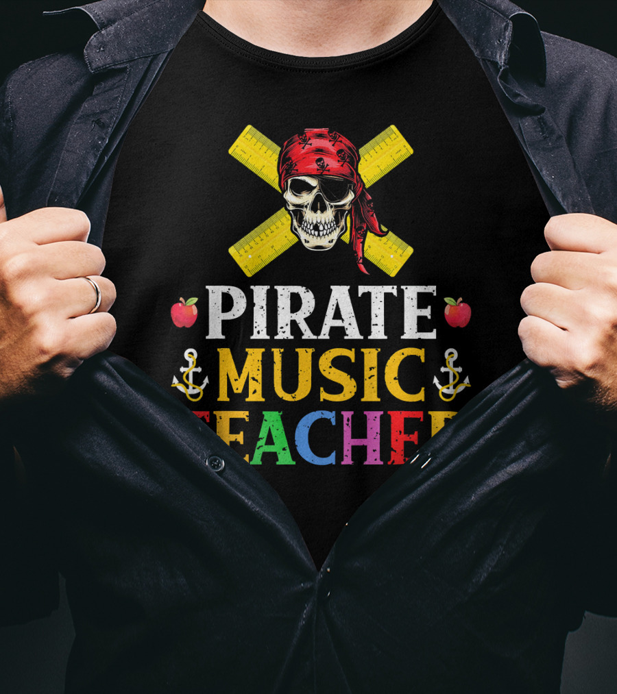 Funny Pirate Music Teacher Halloween Skull Anchors Apples Rulers T-Shirt