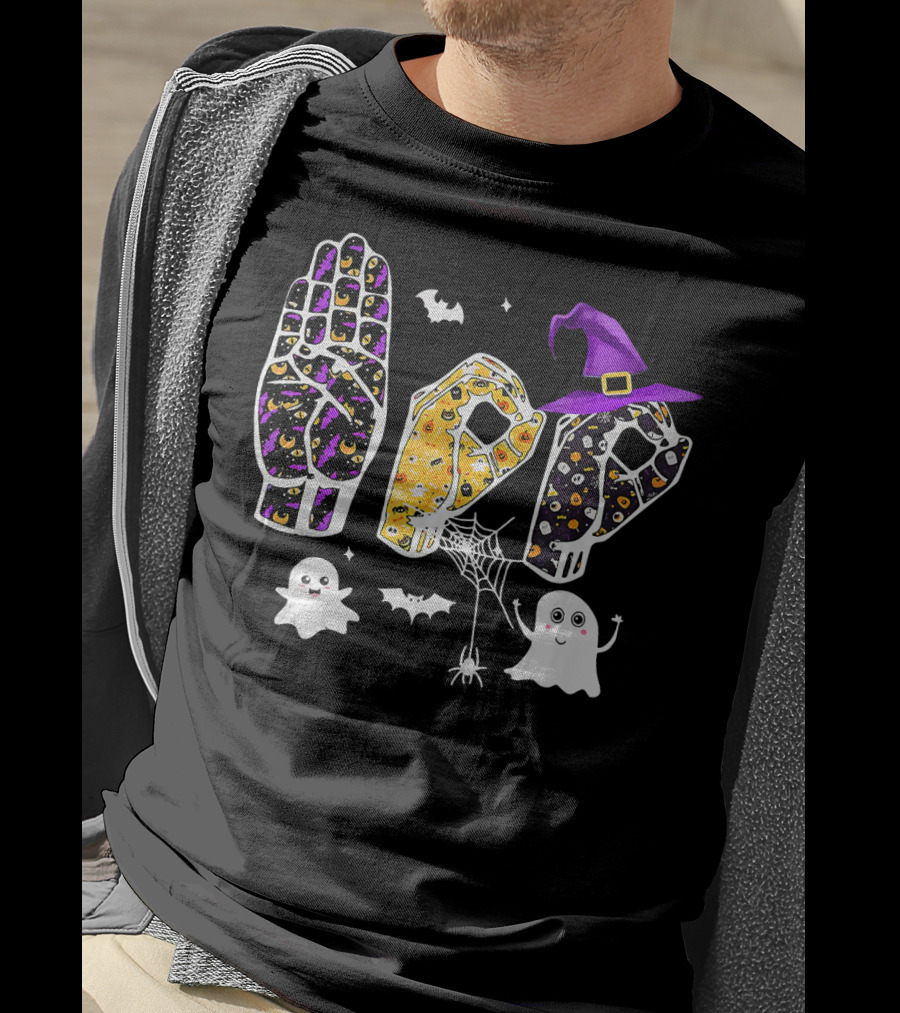Pride ASL Boo Halloween Costume Sign Language Ghosts Bats Spider Webs Hat T-Shirt