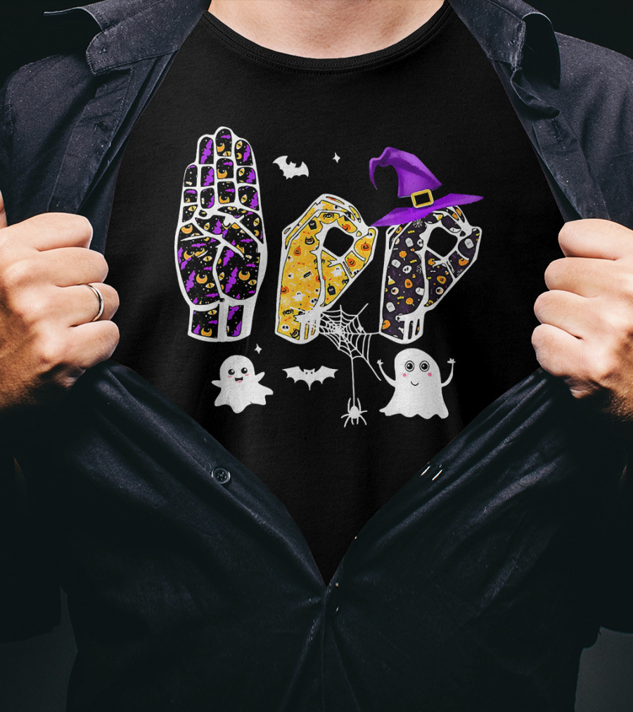 Pride ASL Boo Halloween Costume Sign Language Ghosts Bats Spider Webs Hat T-Shirt