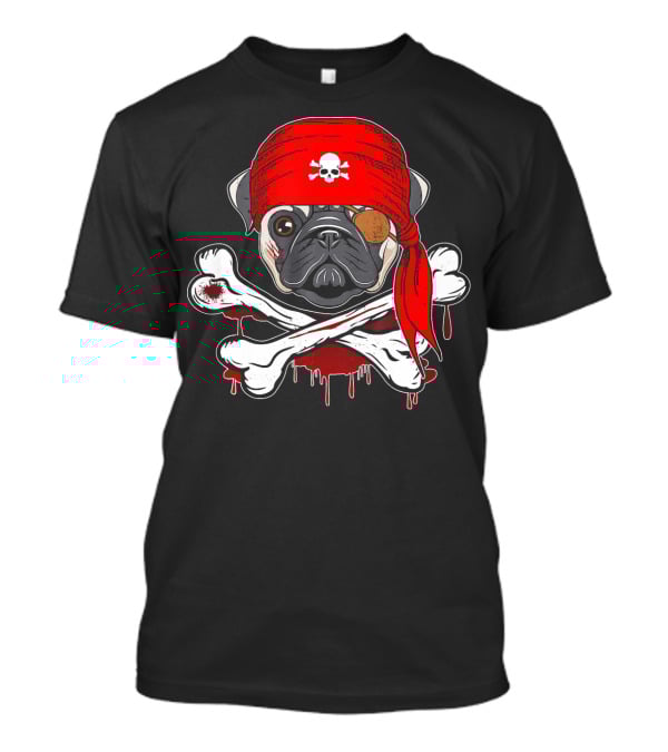 Funny Pirate Pug Dog With Skull Bandana And Crossbones T-Shirt
