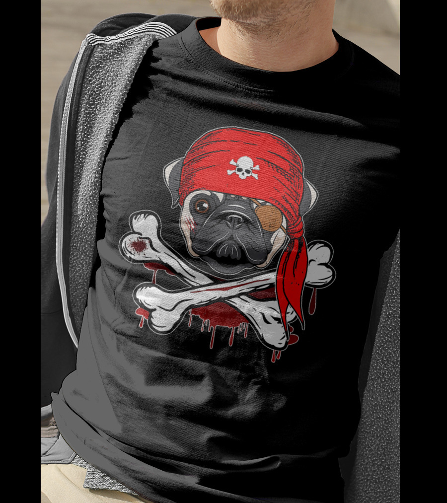 Funny Pirate Pug Dog With Skull Bandana And Crossbones T-Shirt