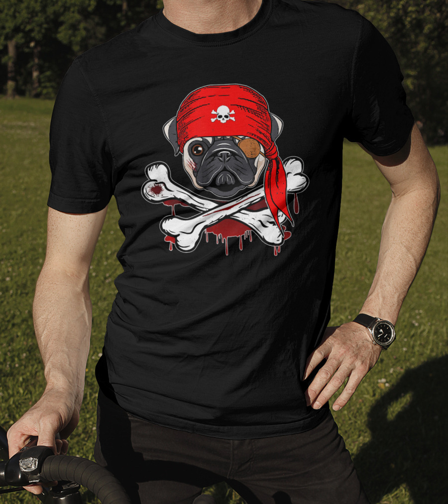 Funny Pirate Pug Dog With Skull Bandana And Crossbones T-Shirt