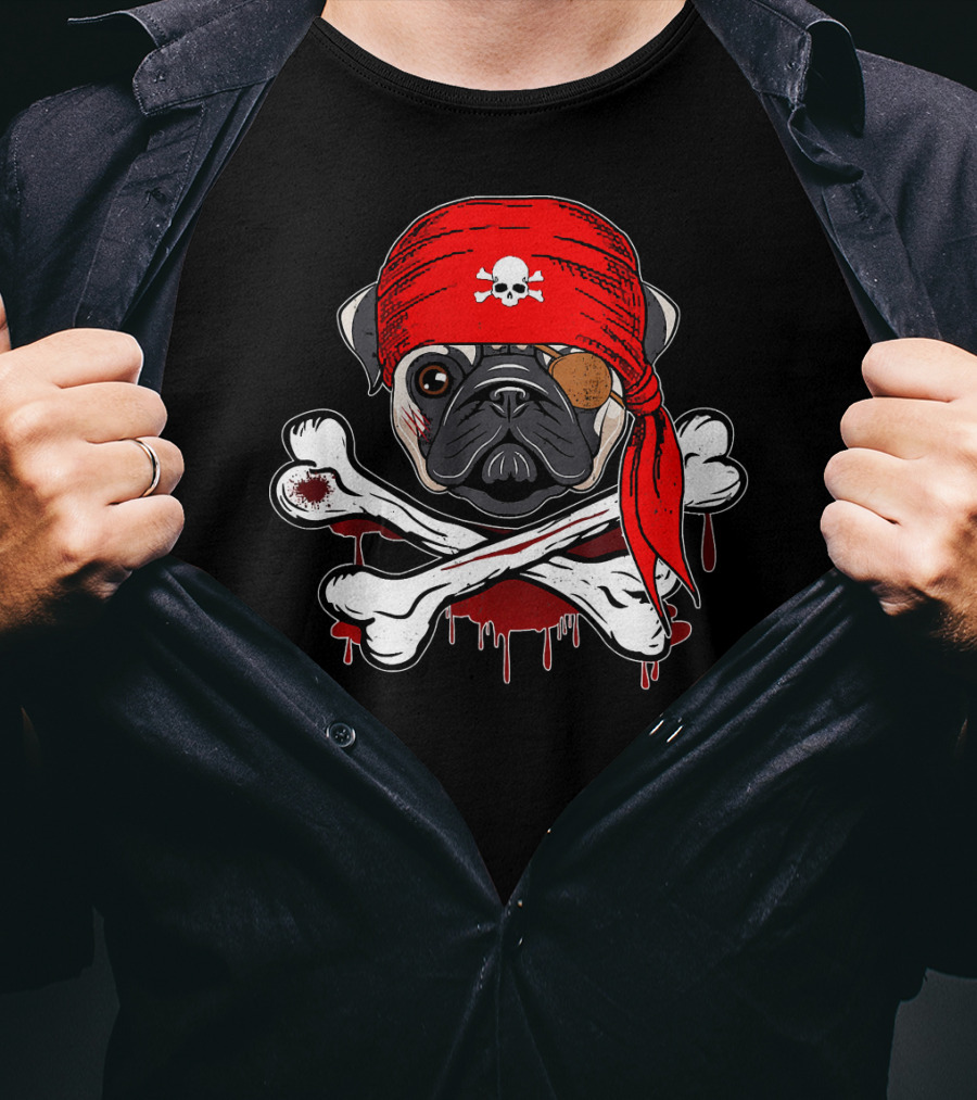 Funny Pirate Pug Dog With Skull Bandana And Crossbones T-Shirt