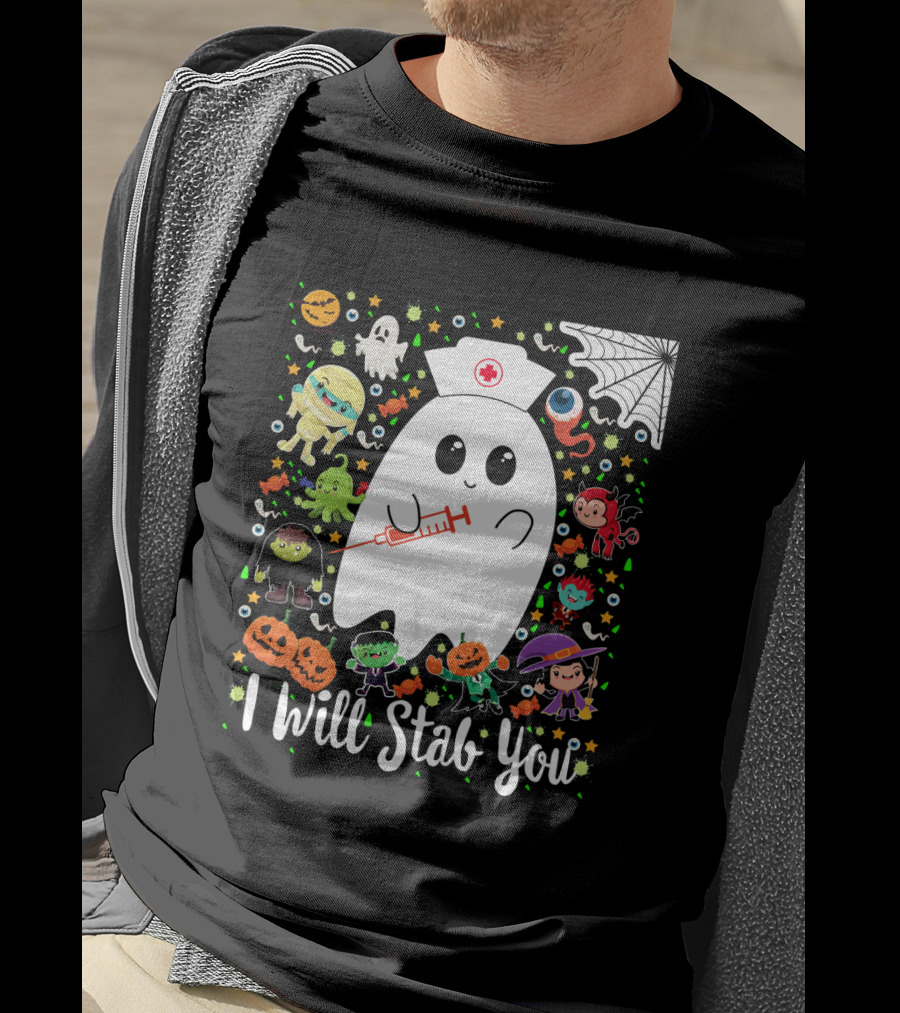 I Will Stab You Funny Halloween Ghost Nurse With Syringe Surrounded By Monsters Pumpkins And Web T-Shirt