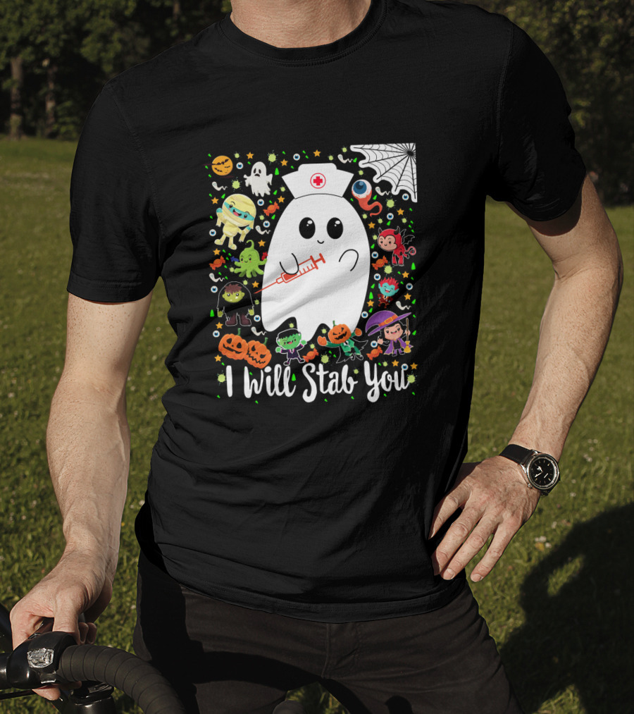 I Will Stab You Funny Halloween Ghost Nurse With Syringe Surrounded By Monsters Pumpkins And Web T-Shirt