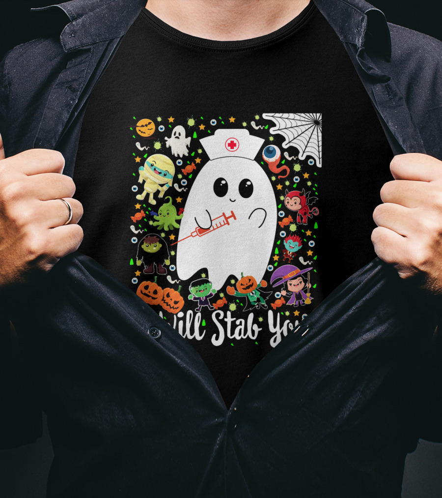 I Will Stab You Funny Halloween Ghost Nurse With Syringe Surrounded By Monsters Pumpkins And Web T-Shirt