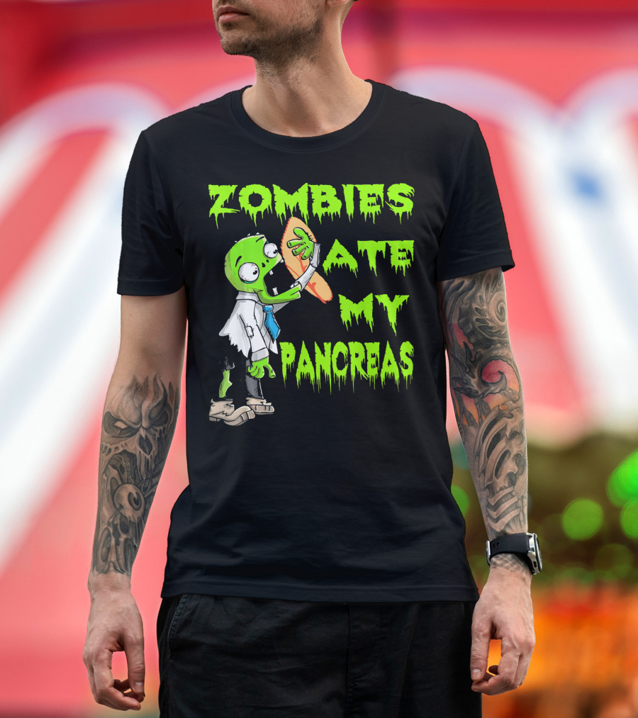 Zombies Ate My Pancreas Diabetes Awareness Cartoon Zombie Holding Organ T-Shirt
