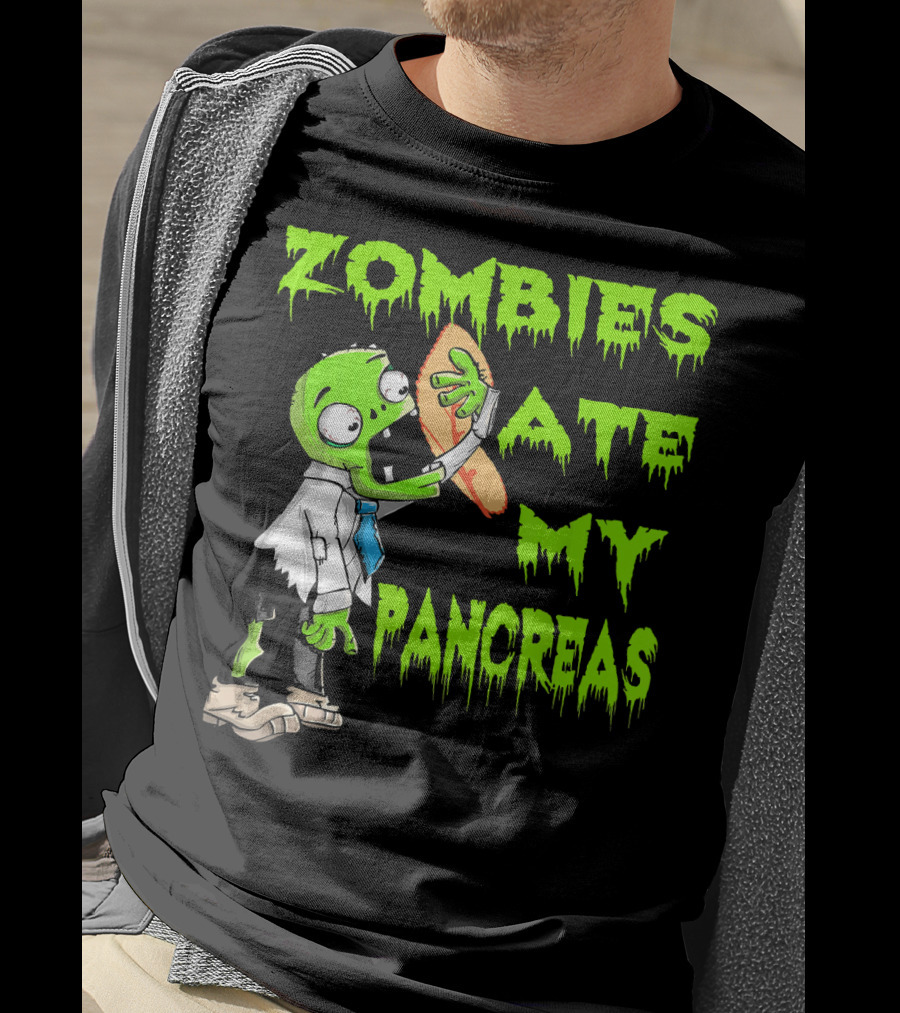 Zombies Ate My Pancreas Diabetes Awareness Cartoon Zombie Holding Organ T-Shirt