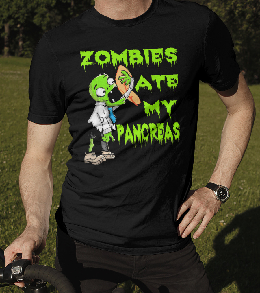 Zombies Ate My Pancreas Diabetes Awareness Cartoon Zombie Holding Organ T-Shirt
