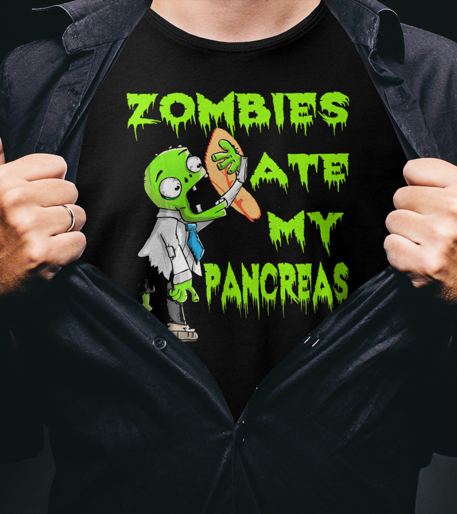 Zombies Ate My Pancreas Diabetes Awareness Cartoon Zombie Holding Organ T-Shirt