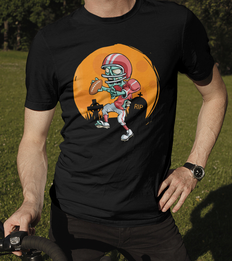 Zombie Football Player Halloween Graveyard Scene T-Shirt