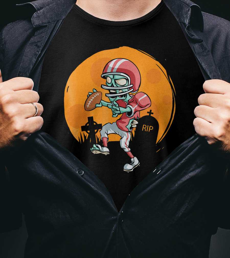 Zombie Football Player Halloween Graveyard Scene T-Shirt