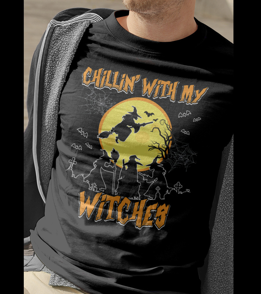 Chillin With My Witches Full Moon Spooky Bats And Webs Scene T-Shirt