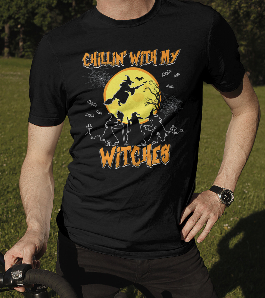 Chillin With My Witches Full Moon Spooky Bats And Webs Scene T-Shirt