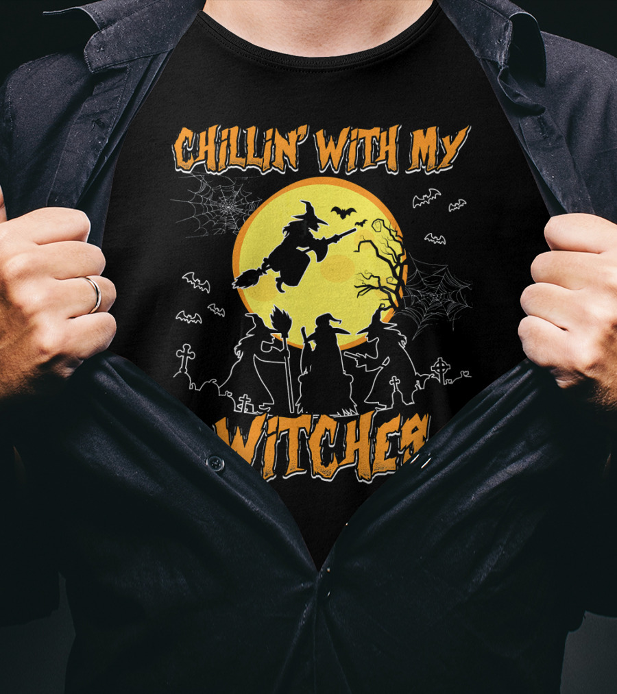 Chillin With My Witches Full Moon Spooky Bats And Webs Scene T-Shirt