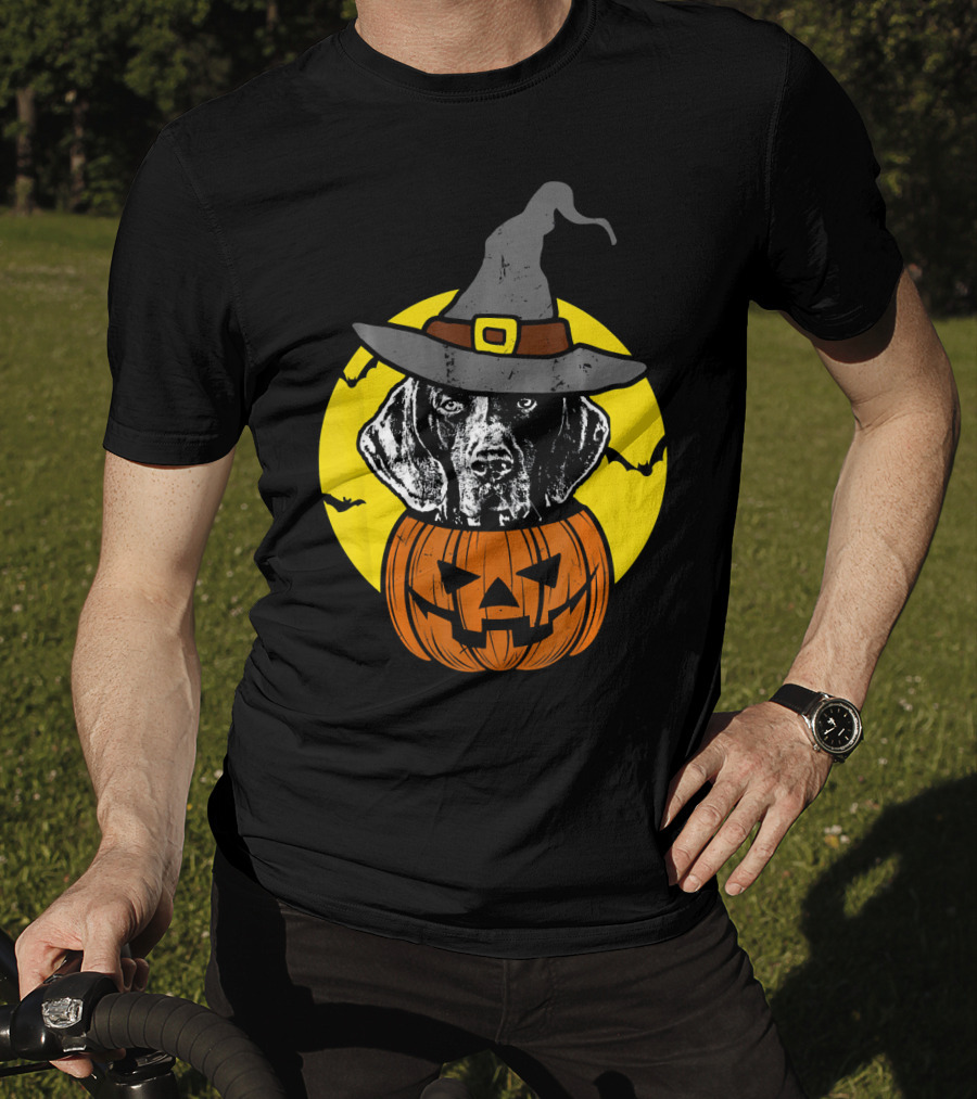 German Shorthaired Pointer Witch Hat Pumpkin Halloween Moon T-Shirt