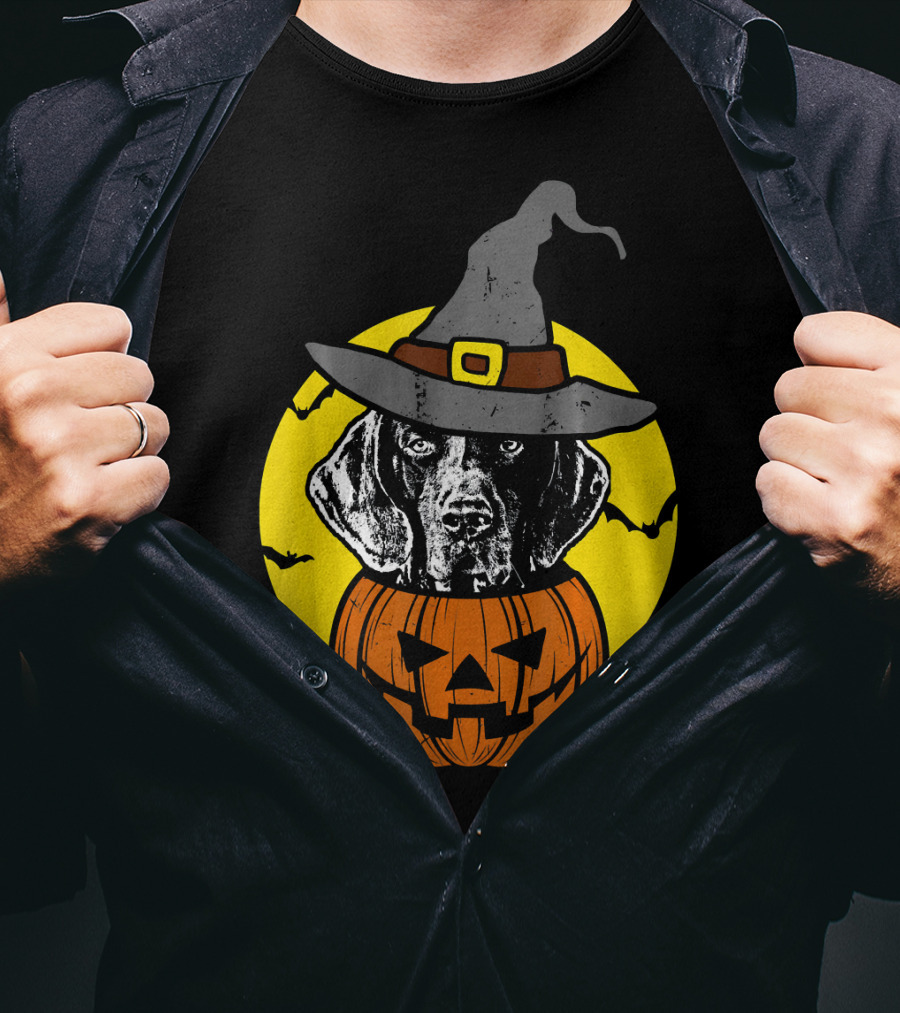 German Shorthaired Pointer Witch Hat Pumpkin Halloween Moon T-Shirt