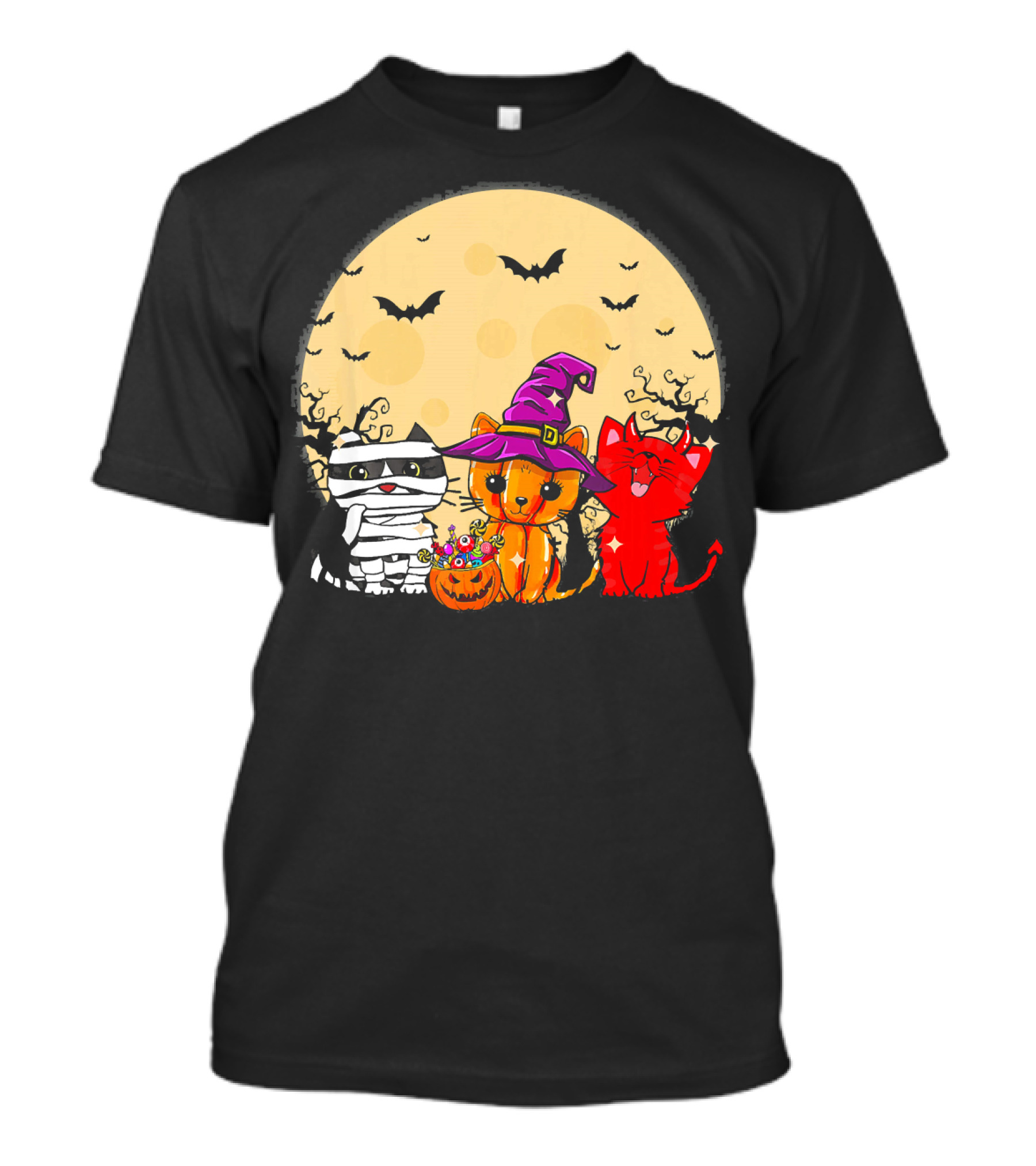 Three Cats Halloween Moon Bats Mummy Witch Devil T-Shirt