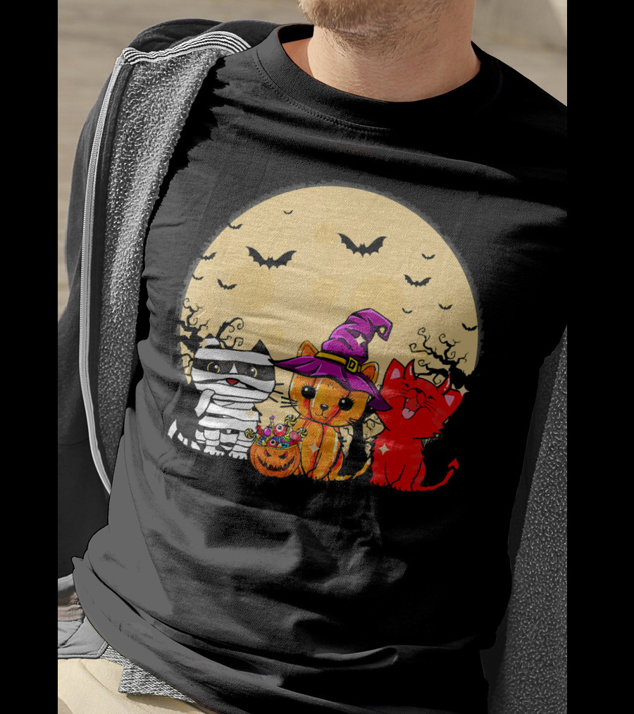 Three Cats Halloween Moon Bats Mummy Witch Devil T-Shirt
