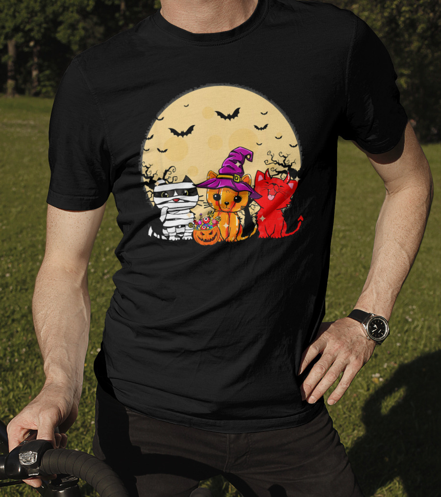 Three Cats Halloween Moon Bats Mummy Witch Devil T-Shirt