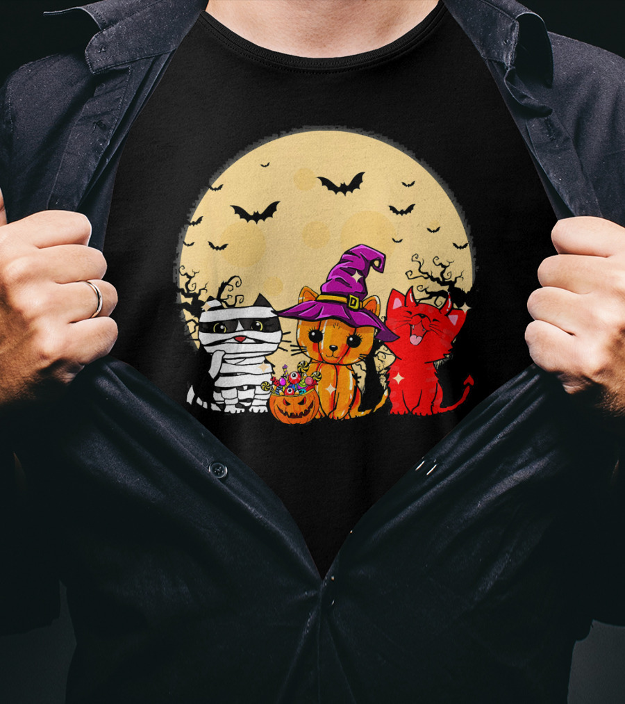Three Cats Halloween Moon Bats Mummy Witch Devil T-Shirt