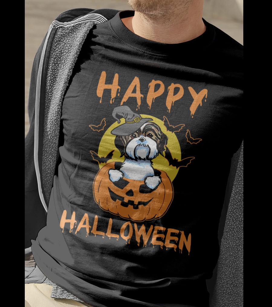 Happy Halloween Shih Tzu Pumpkin With Witch Hat And Bats T-Shirt