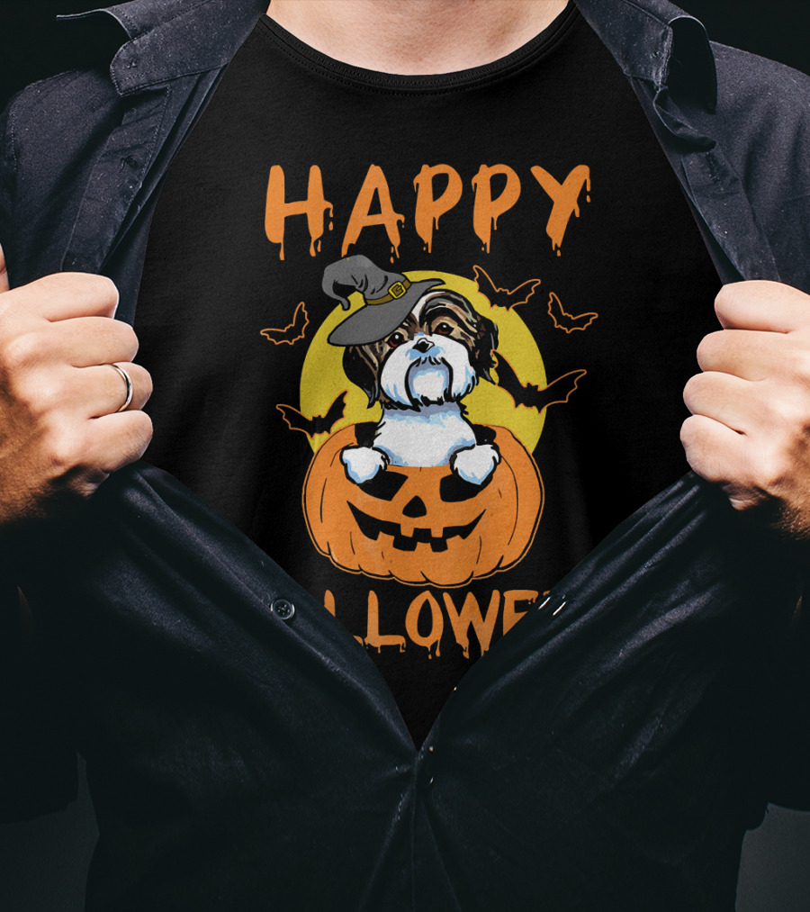 Happy Halloween Shih Tzu Pumpkin With Witch Hat And Bats T-Shirt