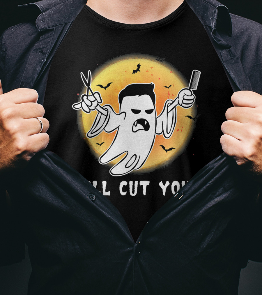 Funny Halloween Boo Ghost I'll Cut You Barber Ghost With Scissors And Comb T-Shirt