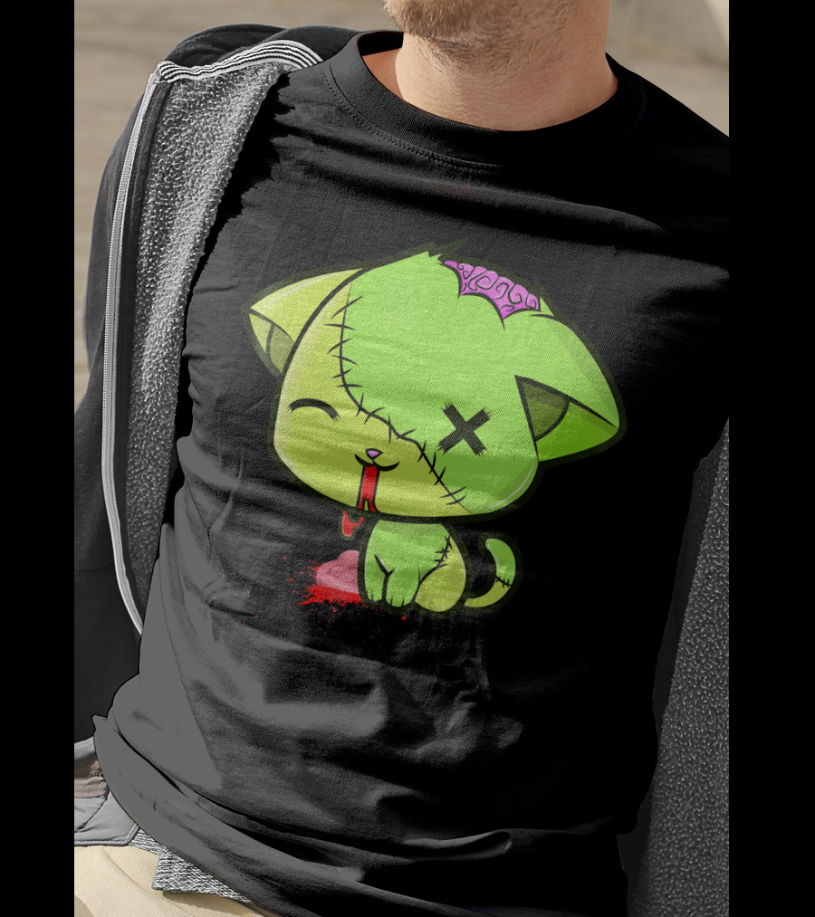 Cute Zombkitty Green Zombie Kitten Neon Brain T-Shirt