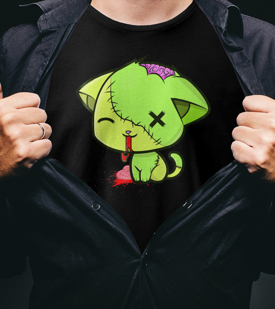 Cute Zombkitty Green Zombie Kitten Neon Brain T-Shirt
