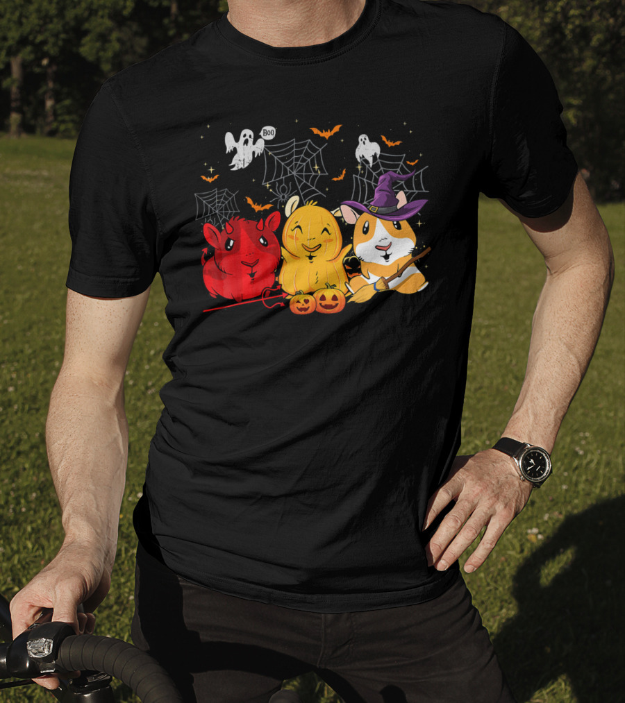 Halloween Funny Guinea Pigs In Costumes With Ghosts And Spiderwebs T-Shirt