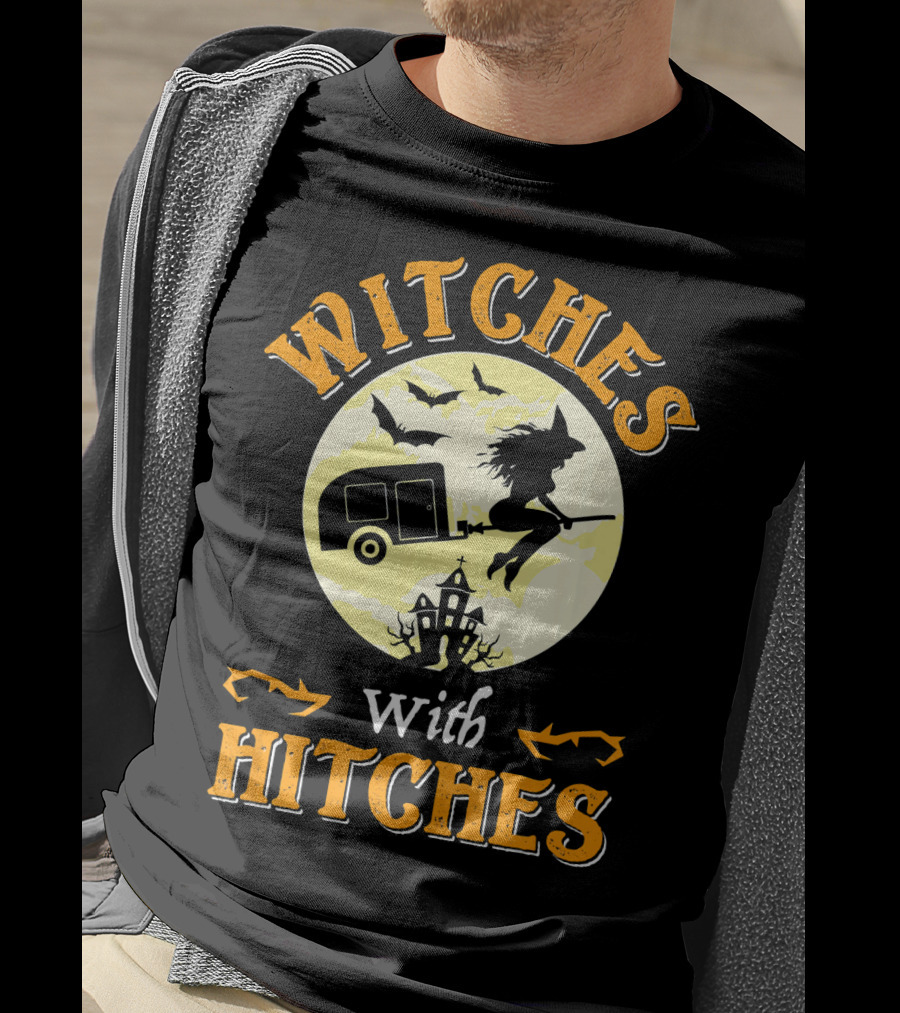Witches With Hitches Halloween Camper Moon Bats And Witch Hat Broomstick T-Shirt