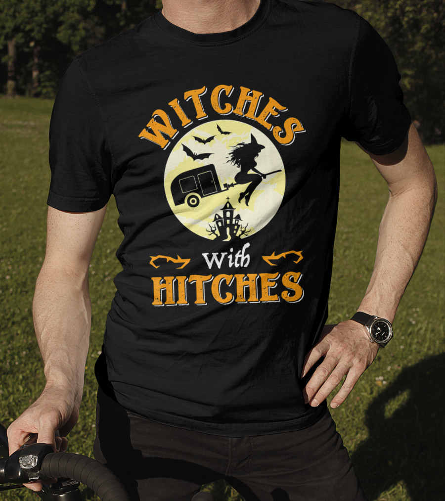 Witches With Hitches Halloween Camper Moon Bats And Witch Hat Broomstick T-Shirt