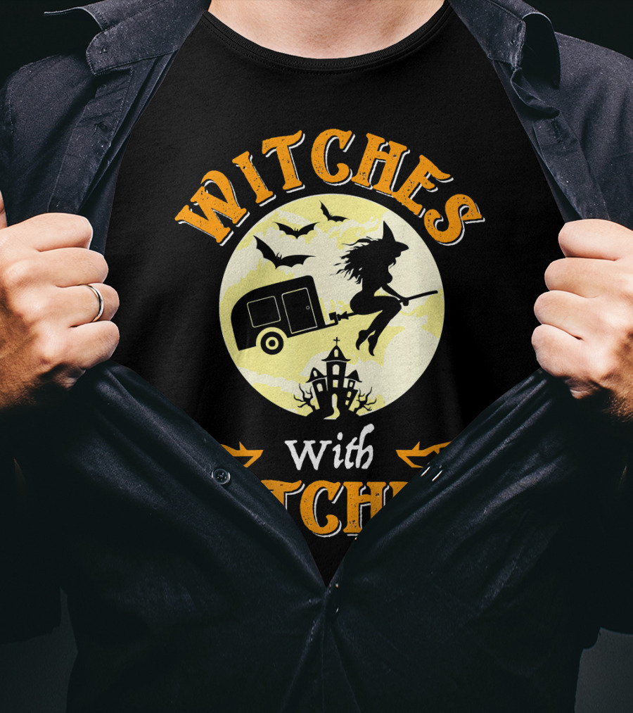 Witches With Hitches Halloween Camper Moon Bats And Witch Hat Broomstick T-Shirt