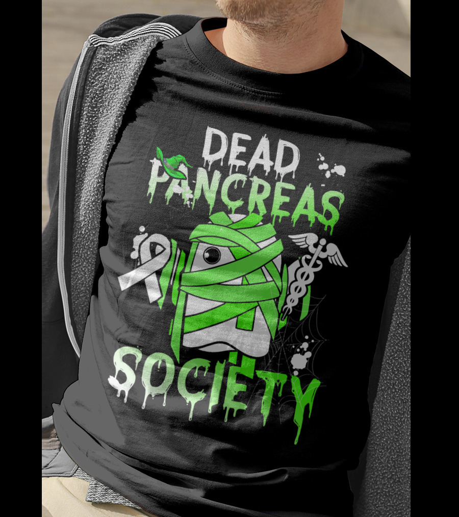 Dead Pancreas Society Halloween Ghost Design With Green Mummy And Medical Symbols T-Shirt
