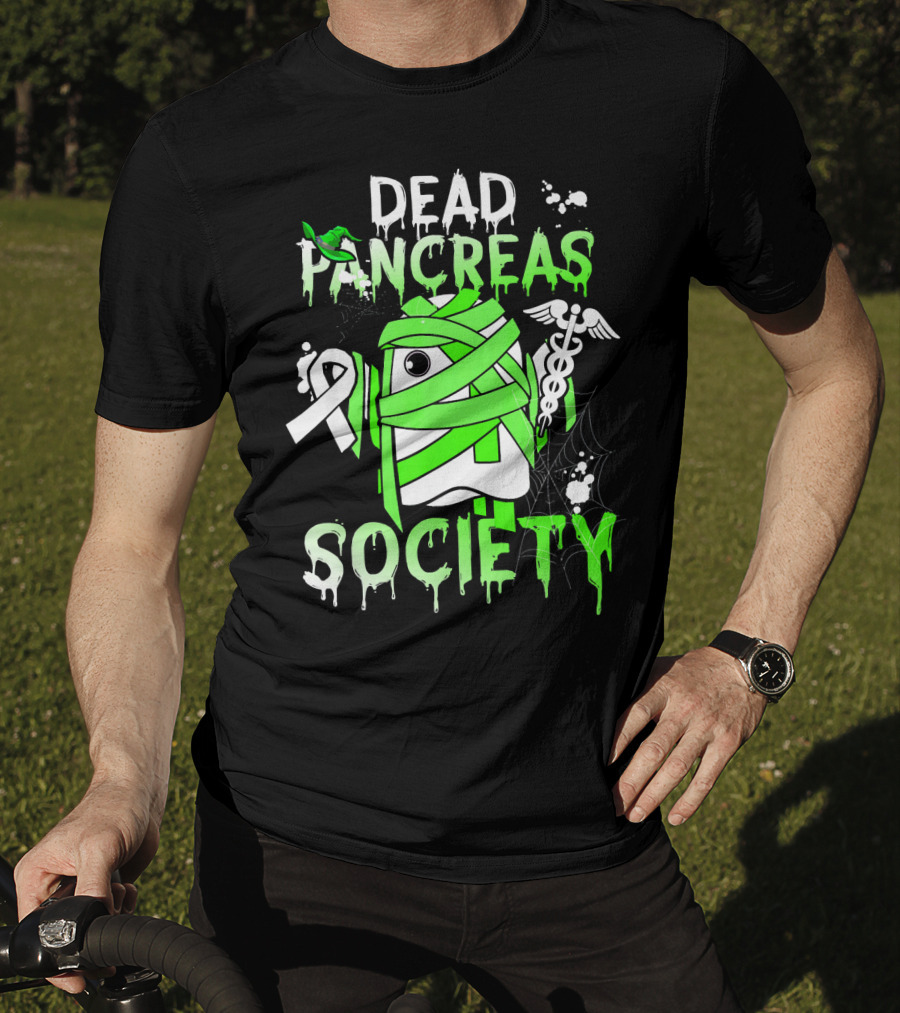 Dead Pancreas Society Halloween Ghost Design With Green Mummy And Medical Symbols T-Shirt