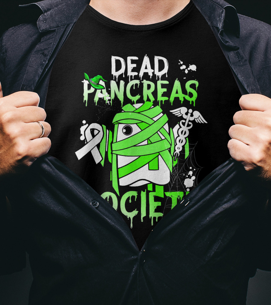 Dead Pancreas Society Halloween Ghost Design With Green Mummy And Medical Symbols T-Shirt