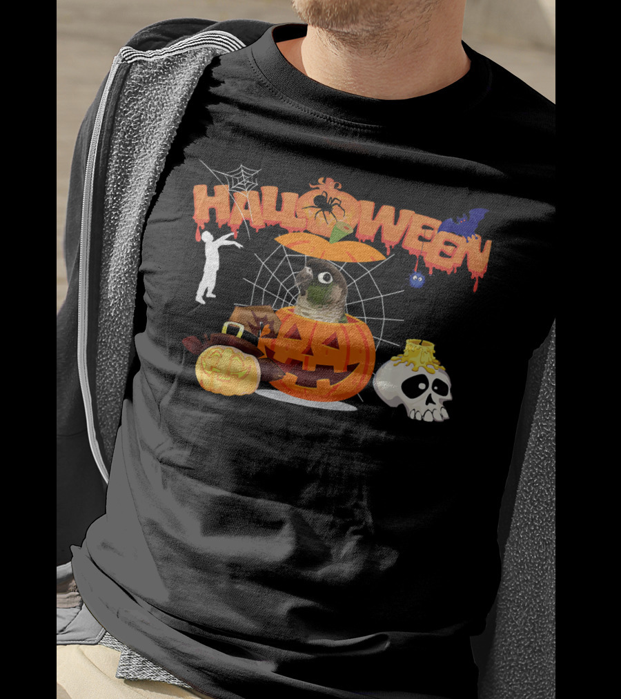 Halloween Green Cheek Conure Pumpkin Witch Zombie Skull Spiderweb T-Shirt